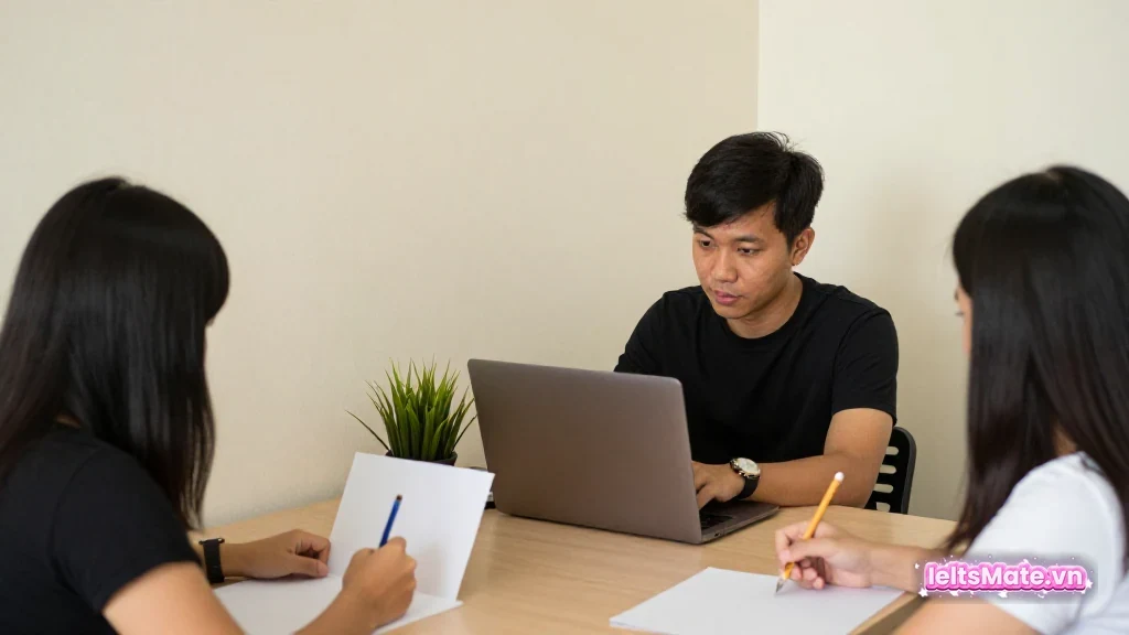 Người học Việt Nam nhìn đồng hồ bấm giờ nhỏ và đánh dấu bằng bút chì trên phiếu câu hỏi trắng trước khi đeo tai nghe.
