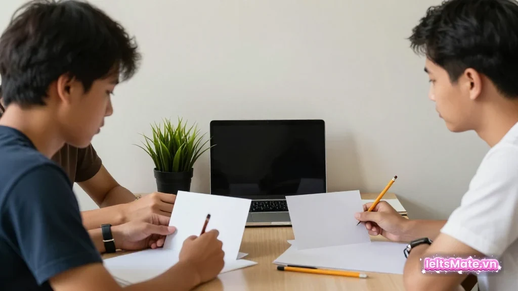 Ba người học Việt Nam nhìn các thanh gỗ trơn có chiều cao khác nhau và ghi chú trên giấy trắng không chữ.