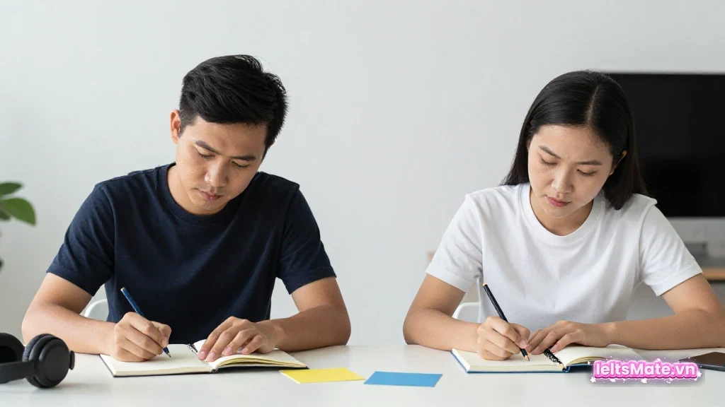 Hai người học trưởng thành xem lịch làm việc trống trên bàn, cạnh cốc cà phê và sổ không chữ.
