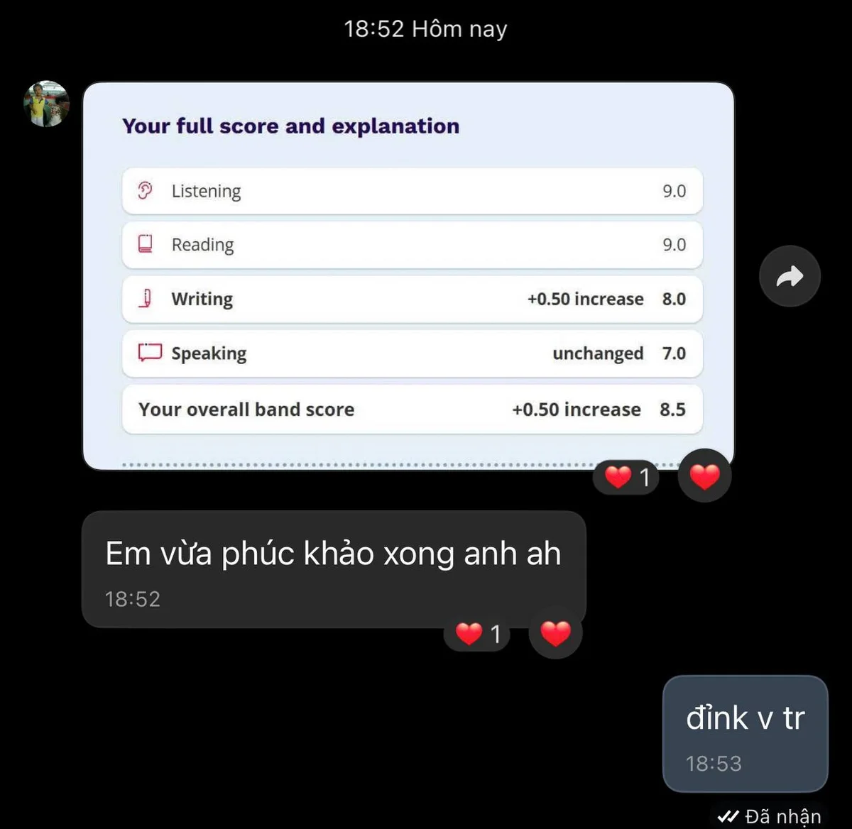 Học viên IELTS Mate — IELTS · Overall 8.5 sau phúc khảo · L 9.0 · R 9.0 · W 8.0 · S 7.0