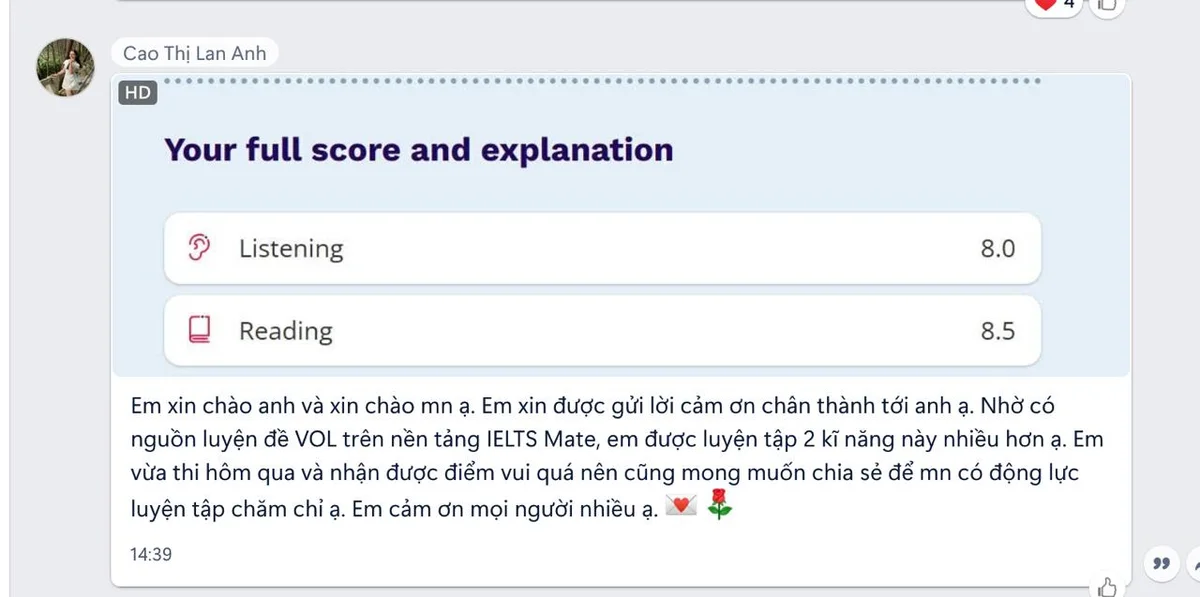 Lan Anh — IELTS · Listening 8.0 · Reading 8.5