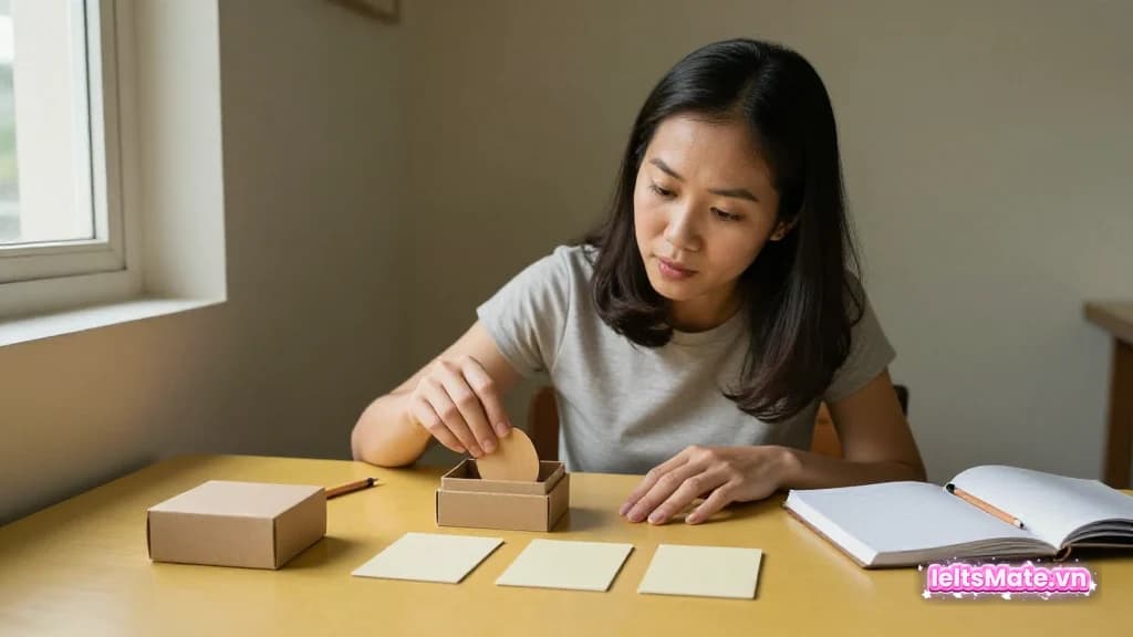 Một người học Việt Nam tự chọn khối từ vựng trơn từ hộp kín trước khi lật thẻ trắng để kiểm tra câu trả lời.