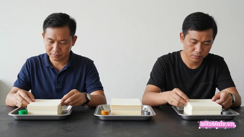 Hai người học Việt Nam phân loại các tập giấy trơn theo nguồn đã xác minh, chưa rõ và không sử dụng trên bàn.