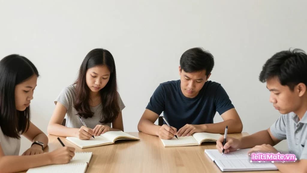 Người học Việt Nam trong góc học sáng, dùng sổ tay và lịch trống để minh họa thao tác luyện Actual test IELTS và VOL.