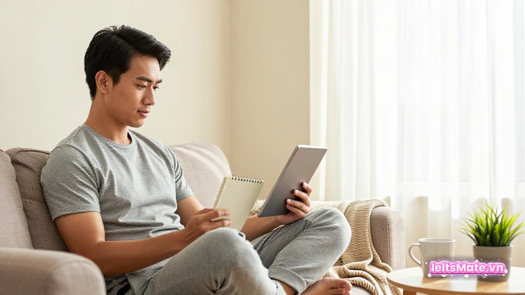 Người học Việt Nam ngồi trên ghế sofa, so sánh nội dung trên máy tính bảng với danh sách tick trong sổ tay.