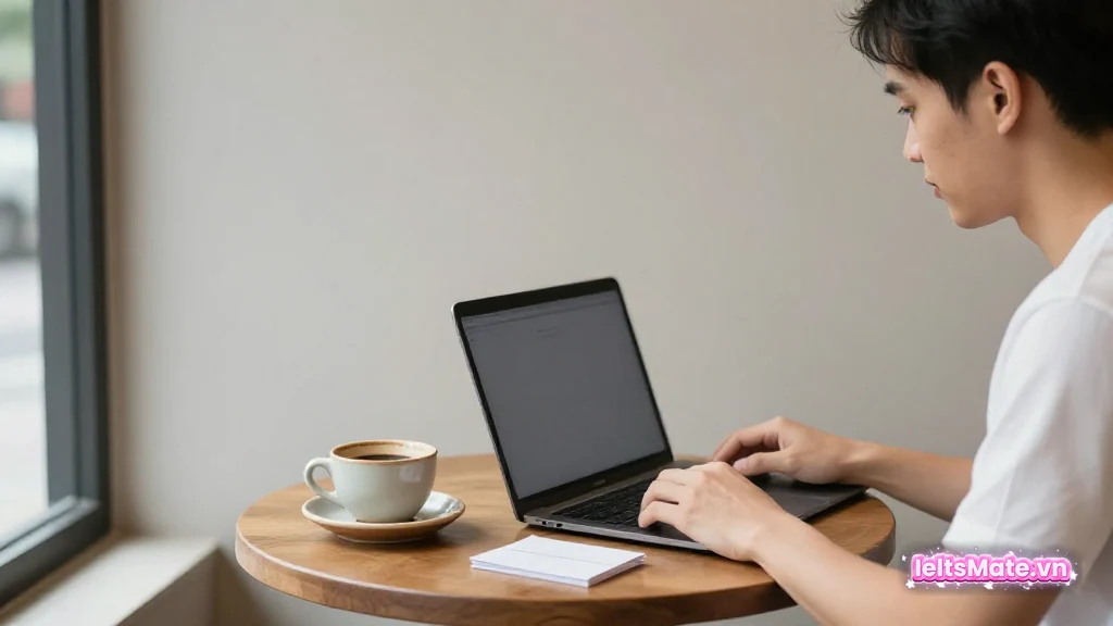 Người học Việt Nam ngồi quán cà phê, gõ laptop màn hình mờ bên cạnh một cuốn sổ nhỏ và tách cà phê.