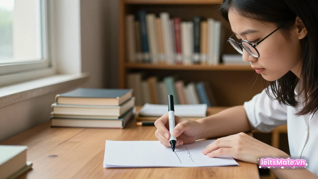 Người học Việt Nam đeo kính, dùng bút dạ quang lần theo từng dòng trên một tờ giấy trắng tại góc đọc trong thư viện.