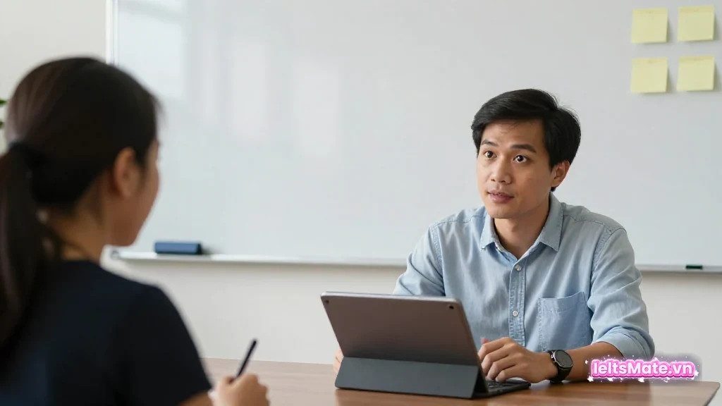 Hai người học Việt Nam xem phản hồi trên laptop màn hình mờ và ghi ba lỗi ưu tiên vào sổ trắng không chữ.