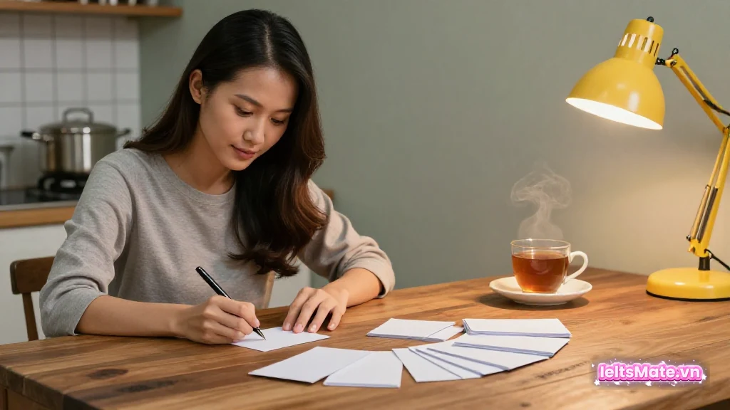 Người học Việt Nam viết tay vào một thẻ giấy trắng nhỏ, xung quanh là nhiều thẻ trắng khác xếp trên bàn bếp.