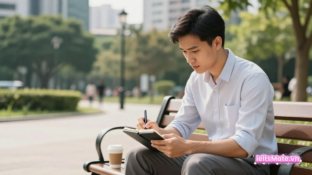 Người học Việt Nam mặc áo sơ mi, ghi nhanh vào sổ tay nhỏ trên ghế đá công viên giữa giờ nghỉ, cạnh cốc cà phê mang đi.