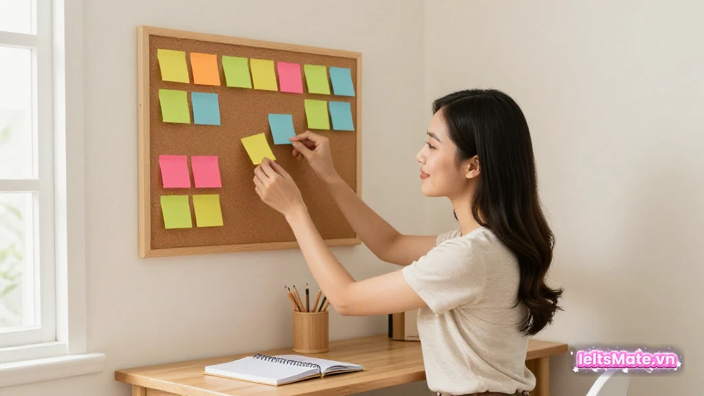 Người học Việt Nam đứng trước bảng ghim, sắp xếp các mẩu giấy nhớ trống thành từng nhóm theo chủ đề.