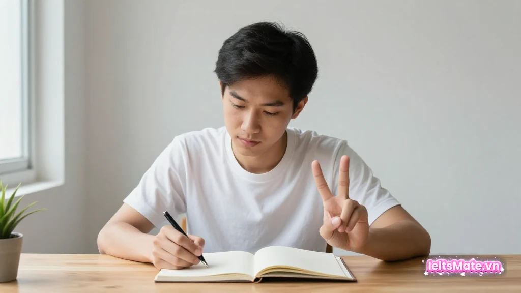 Người học Việt Nam nhìn xuống trang sổ kẻ dòng trống, một tay giơ hai ngón tay đếm sát mép trang, tay kia cầm bút.