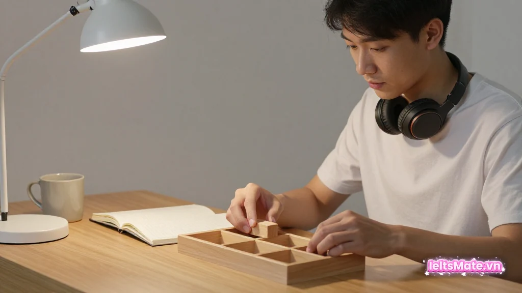 Người học Việt Nam đeo tai nghe choàng cổ, đặt một khối gỗ nhỏ vào một ô trong hộp khay chia nhiều ô trống.