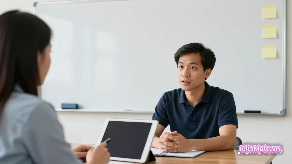 Ba người học Việt Nam đặt lịch giấy trắng 90 ngày trên bàn, mỗi người cầm bút màu trơn để chia mốc học.