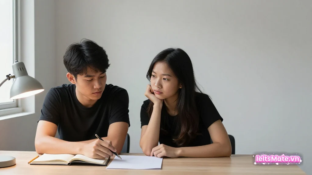 Hai người học Việt Nam ngồi cạnh nhau tại bàn, một người viết lên tờ giấy trắng trong khi người kia chăm chú nhìn theo.