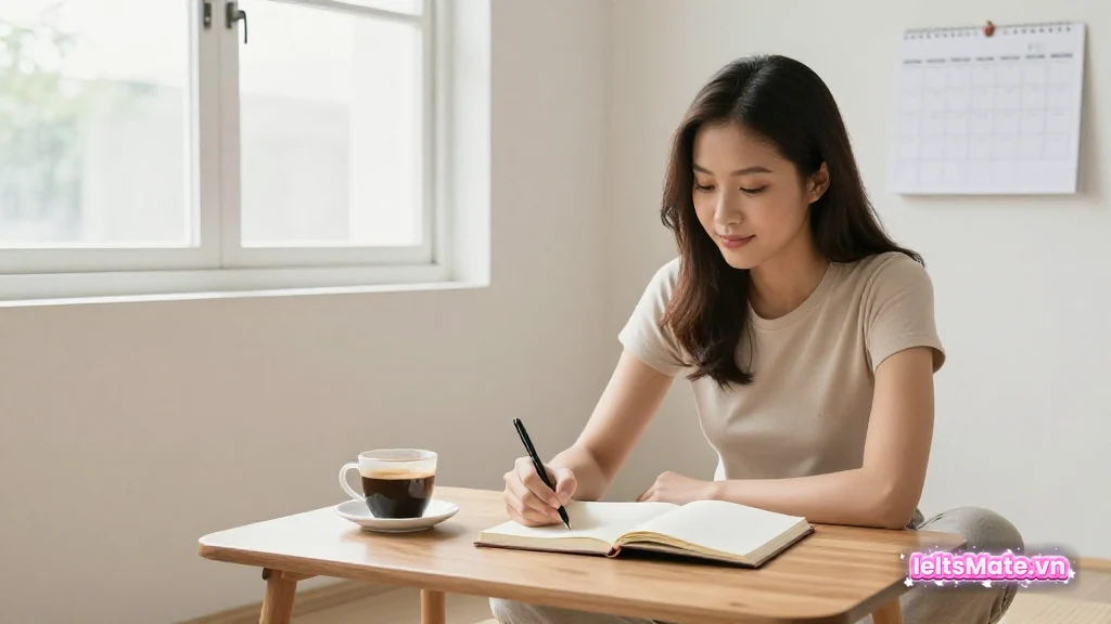 Người học Việt Nam ngồi trên đệm sàn trong phòng sáng, viết vào sổ tay mở trên bàn thấp cạnh cốc cà phê buổi sáng.