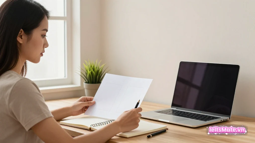 Người học Việt Nam đặt tấm giấy trong mờ lên trang sổ mở, so sánh hai cách diễn đạt cùng một ý bên bàn học.