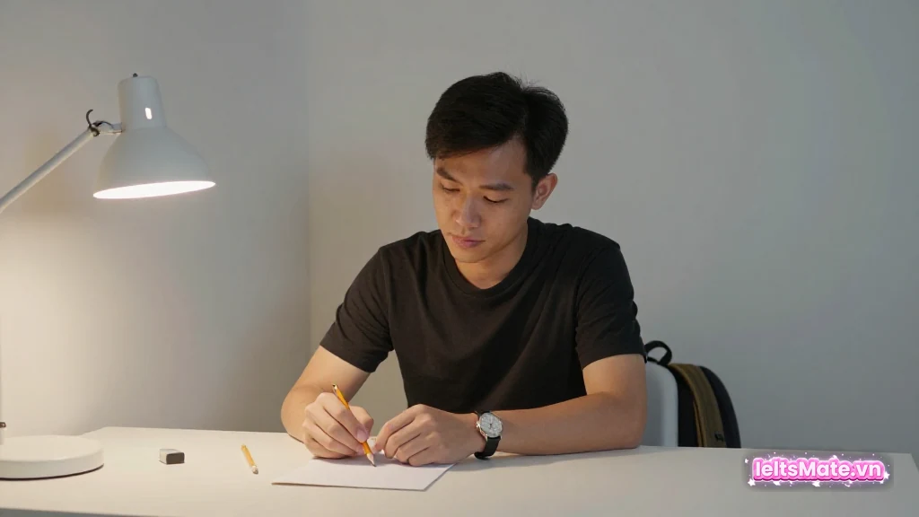 Người học Việt Nam đeo đồng hồ, cầm bút chì viết lên tờ giấy trắng tại bàn học buổi tối, cặp sách dựa cạnh ghế.