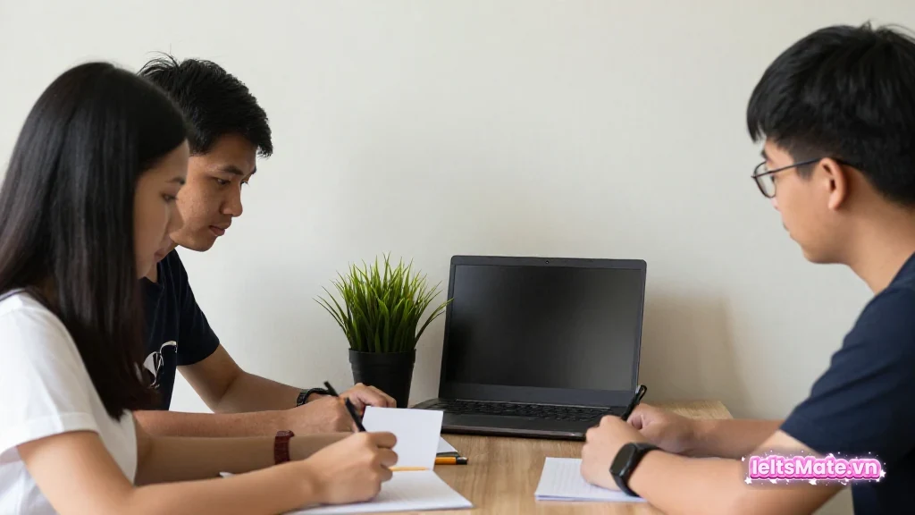 Người học Việt Nam đặt hai tai nghe và một kính lúp cạnh sổ trắng để phân tích lỗi Reading và Listening sau bài làm.