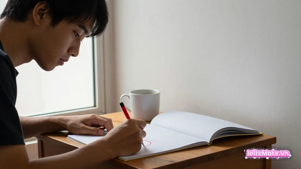 Người học Việt Nam dùng bút đỏ khoanh tròn lỗi trên trang giấy in, sổ ghi chép kẻ cột trống đặt cạnh trong ánh sáng buổi sáng.