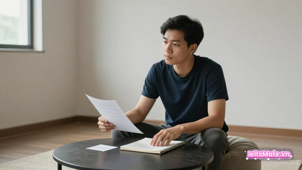 Người học Việt Nam ngồi trên đệm tròn, một tay cầm tờ giấy đối chiếu, một tay đặt lên sổ ghi chép để tự chấm lại bài.