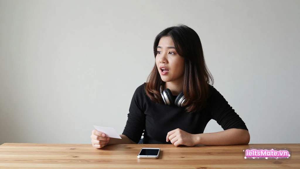 Người học Việt Nam nói trước điện thoại đặt trên bàn, tai nghe choàng cổ, chuẩn bị nghe lại để tự sửa lỗi.