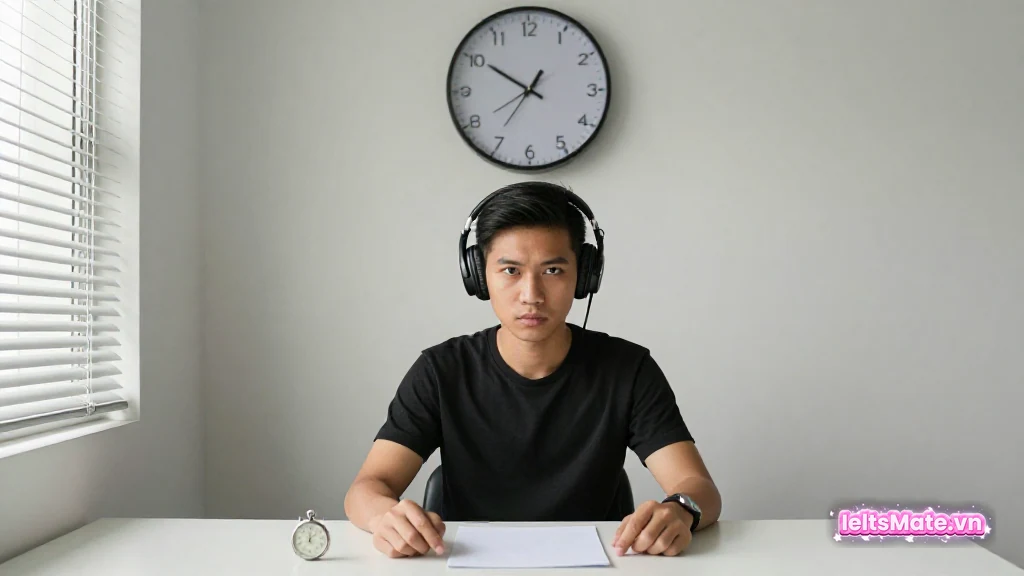 Người học Việt Nam ngồi nghiêm túc trước đồng hồ treo tường và đồng hồ bấm giờ, mô phỏng bài test chẩn đoán có tính giờ.