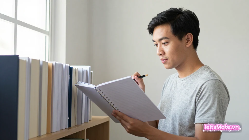 Người học Việt Nam đứng cạnh giá sách, tay cầm bút ghi chú vào sổ tay xoắn trống để xem lại lỗi sai.