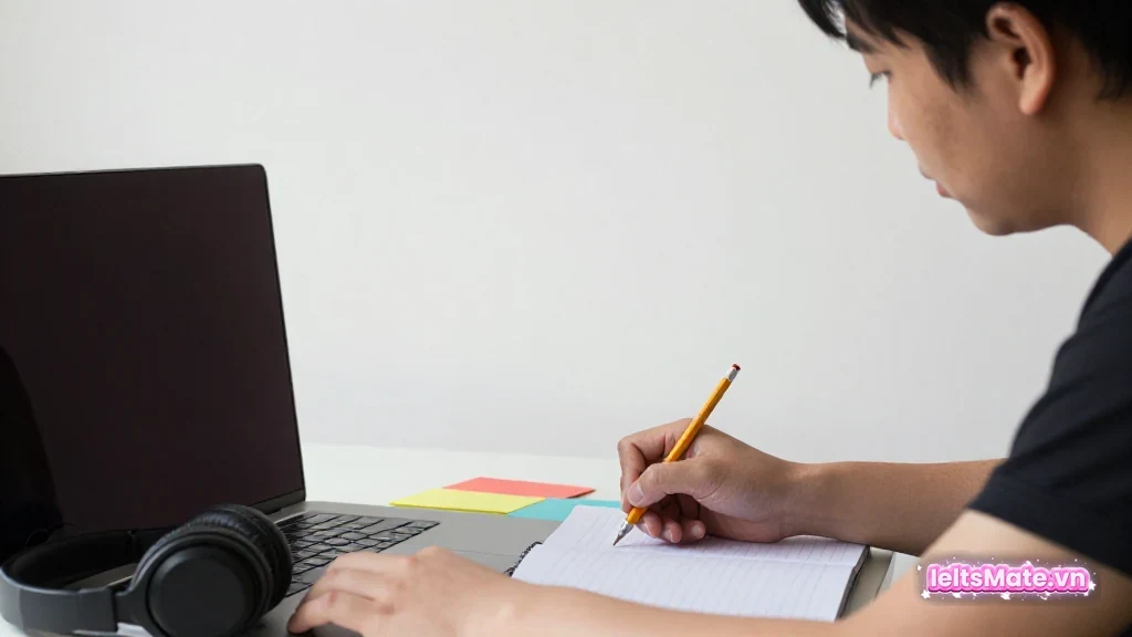 Một học viên đặt ba thẻ màu trống thành nhánh lựa chọn trên bàn cạnh laptop màn hình tối không chữ.