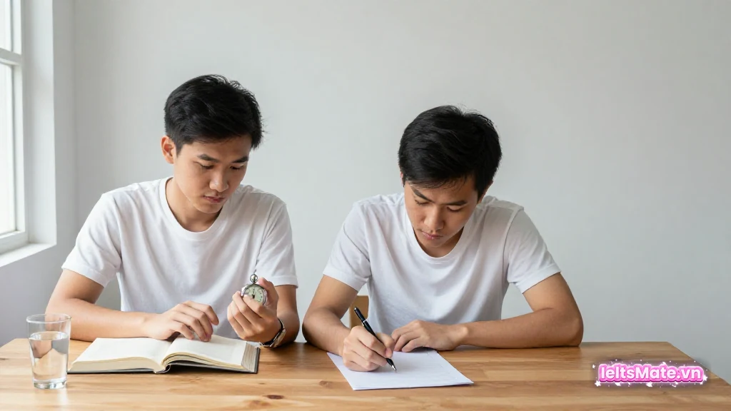 Hai người học Việt Nam ngồi ở bàn, một người cầm đồng hồ bấm giờ, một người viết vào giấy trắng trong buổi thi thử.