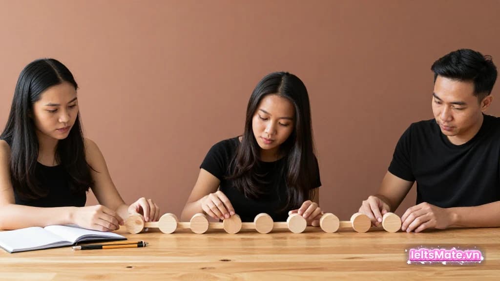Ba người học Việt Nam nối các khối gỗ trơn thành một chuỗi lập luận cạnh sổ trắng trên bàn dài.