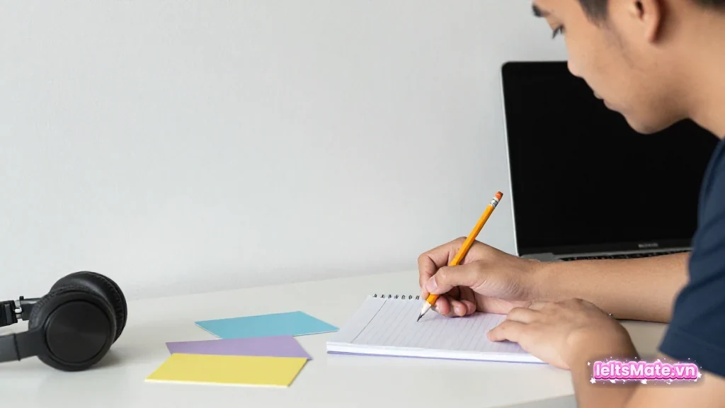 Một học viên ghép thẻ màu trống theo từng cặp trên bàn, cạnh bản nháp essay trắng và đèn bàn ấm.