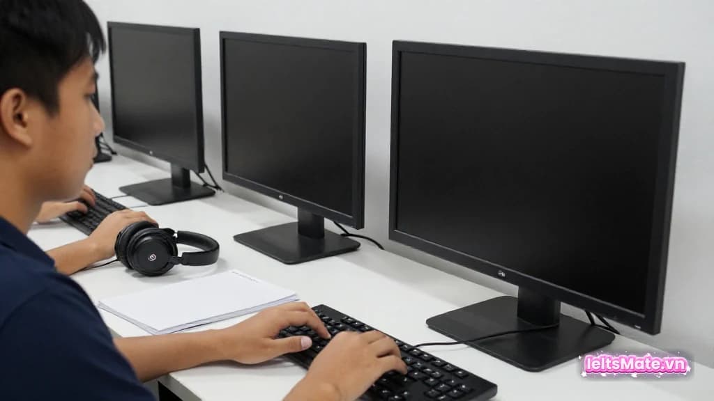 Một người học Việt Nam luyện gõ trên bàn phím rời trước màn hình mờ, cạnh tai nghe và giấy trắng.