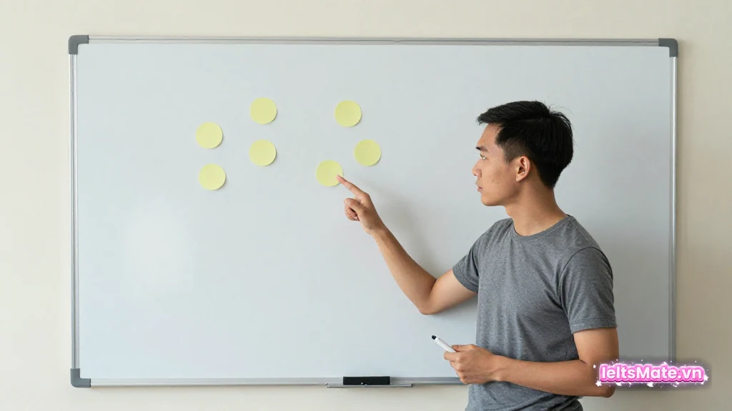 Người học Việt Nam đứng trước bảng trắng có các nhãn tròn trống xếp thành từng nhóm, cân nhắc cách dùng đề tham khảo.