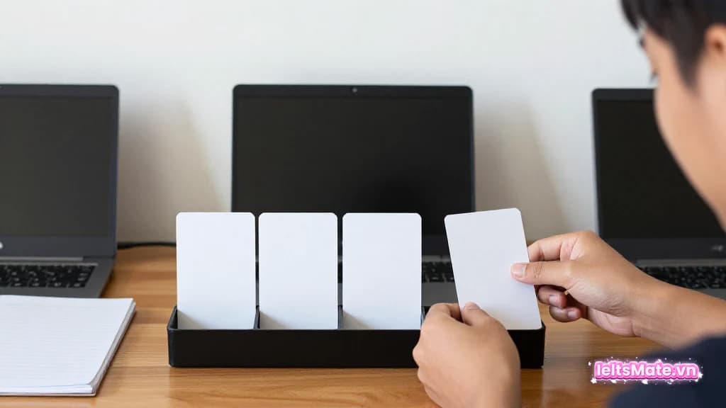 Một người học Việt Nam lật thẻ giấy trắng trên bàn gỗ, các thẻ khác xếp theo ba ngăn nhỏ không có chữ.