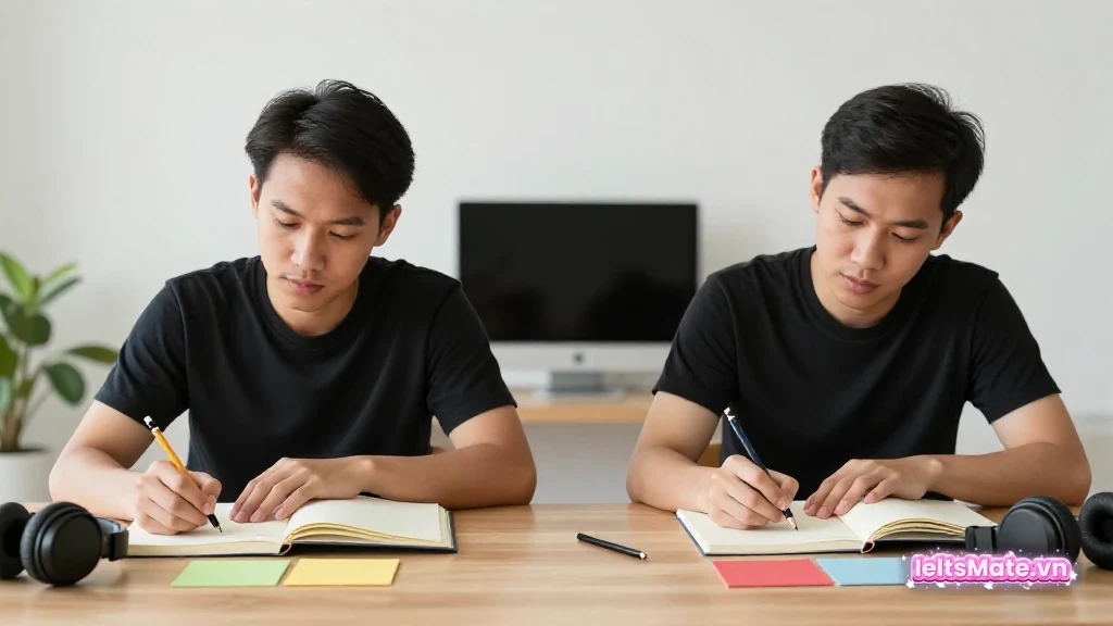 Hai học viên xếp các thẻ trắng quanh bản đồ giấy trơn, bàn học sáng và không có chữ hiển thị.