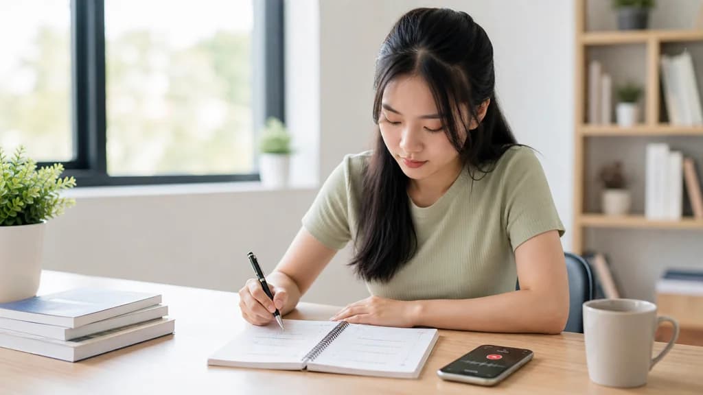 Người học Việt Nam luyện nói với sổ ghi các mẫu câu và lỗi ngữ pháp trên bàn học sáng.