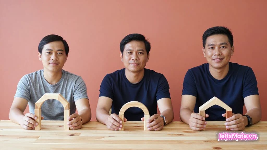 Ba người học Việt Nam so sánh ba mô hình vòm bằng gỗ có cấu trúc khác nhau trên bàn sáng.