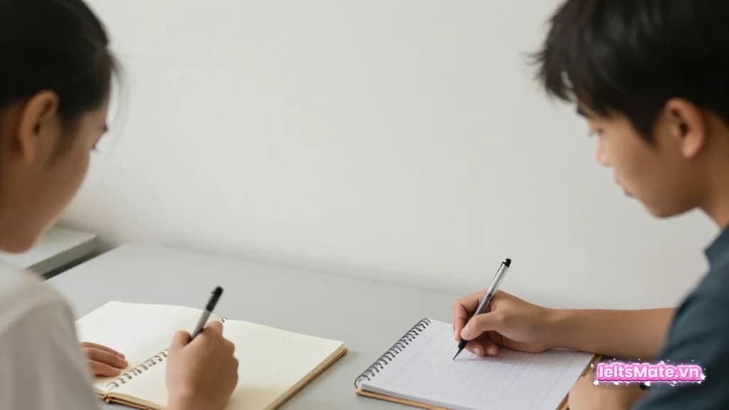 Người học Việt Nam trong góc học sáng, dùng sổ tay và lịch trống để minh họa thao tác luyện học nhóm IELTS online.