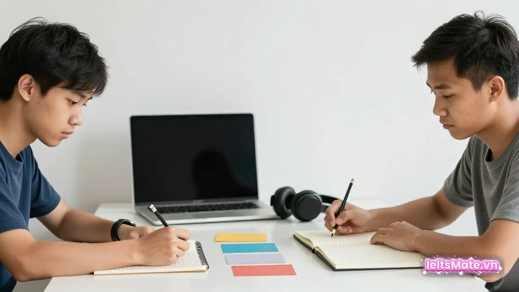 Hai học viên ghép các thẻ câu trống thành dải dài trên bàn, một micro nhỏ đặt giữa ánh sáng ấm.