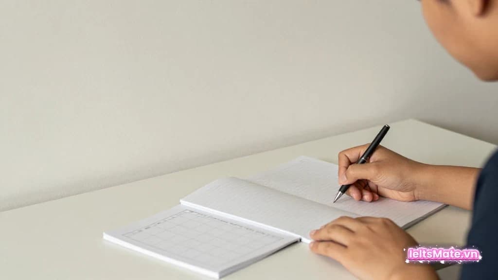 Người học Việt Nam trong góc học sáng, dùng bút và các trang nháp trắng để minh họa thao tác luyện AI feedback IELTS Writing Speaking.