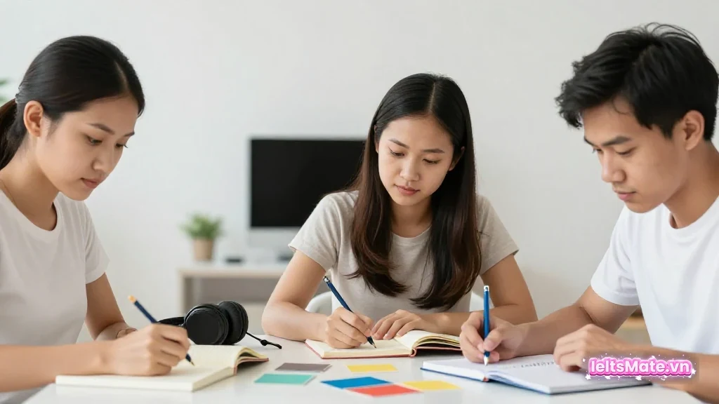 Ba học viên đặt bút và thẻ màu lên bảng kế hoạch trống, phòng học nhỏ có ánh sáng ban ngày.