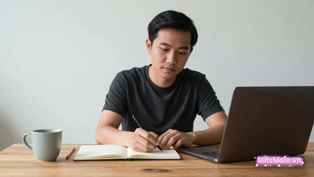 Người học Việt Nam dùng bút chì chia một câu dài trên giấy trắng thành nhiều cụm nhỏ tại bàn học yên tĩnh.