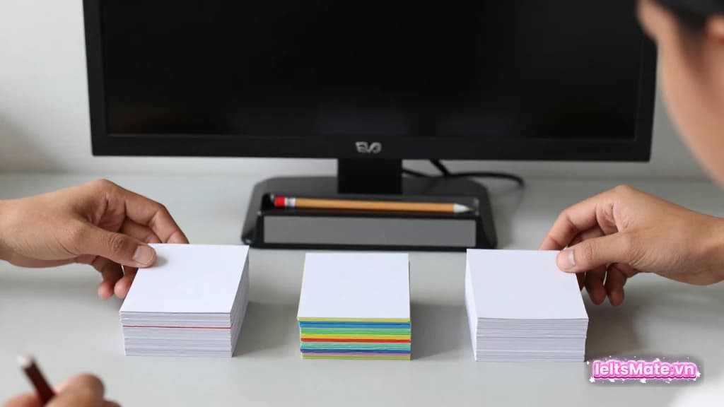 Một người học Việt Nam xếp các thẻ trắng thành ba chồng nhỏ trên bàn, cạnh sổ tay và hộp bút màu.