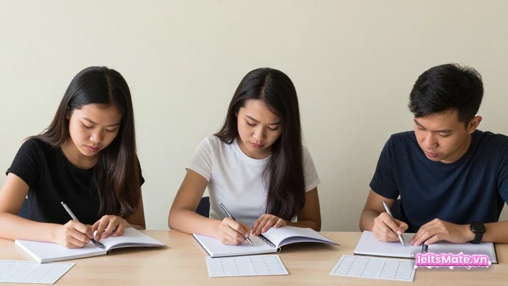 Người học Việt Nam trong góc học sáng, dùng tai nghe và sổ tay trắng để minh họa thao tác luyện IELTS Listening band 5 lên 6.
