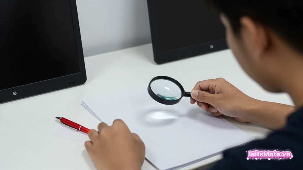 Một người học Việt Nam dùng kính lúp nhỏ soi trang giấy trắng, cạnh bút đỏ và laptop màn hình mờ trên bàn.