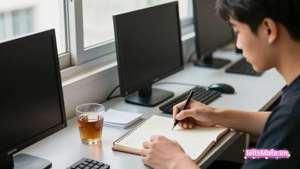 Một người học Việt Nam ngồi bên cửa sổ với cốc trà, đóng sổ lại sau buổi học ngắn trong ánh sáng dịu.