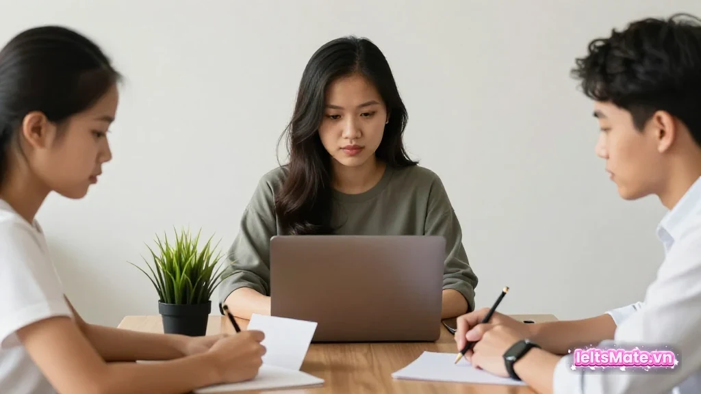 Một người học Việt Nam ngồi cạnh giáo viên, cùng nghe tai nghe chia đôi và nhìn các thẻ âm trắng trên bàn học sáng.