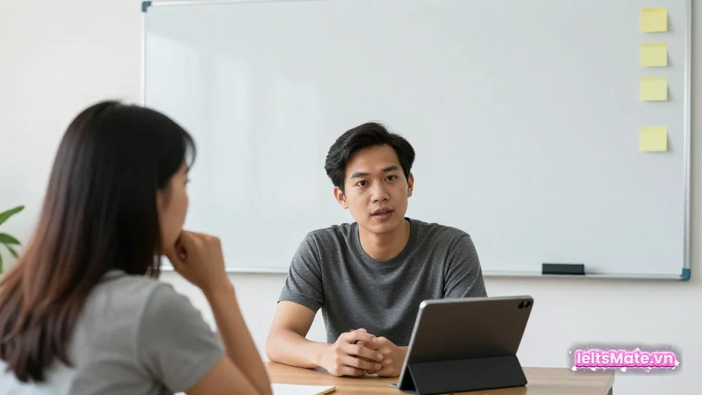 Người học Việt Nam ngồi trước laptop màn hình mờ, dùng giấy nháp trắng và bút chì để luyện thao tác thi trên máy.