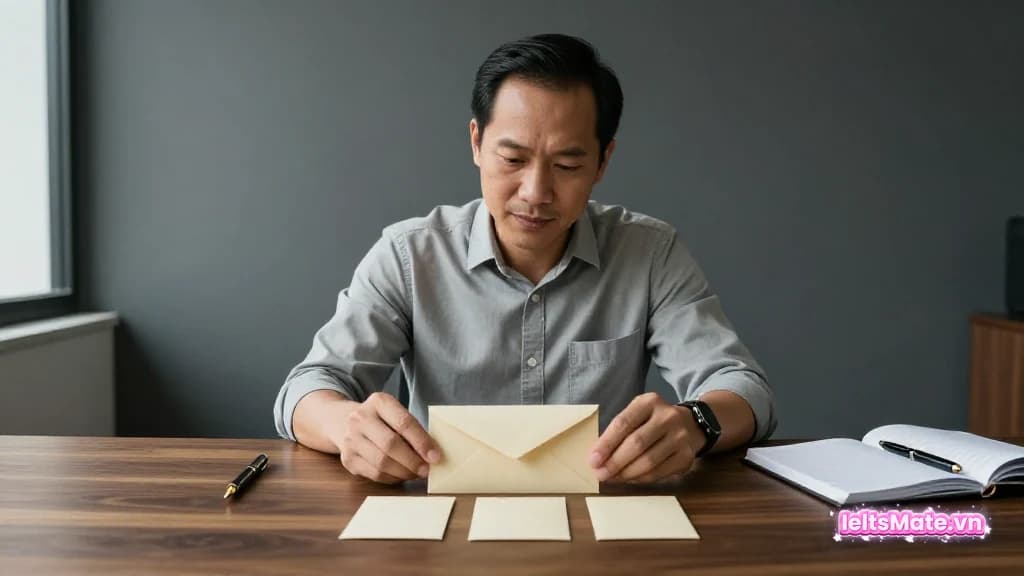 Một người học Việt Nam sắp xếp phong bì trơn và ba thẻ giấy trắng thành bố cục thư trang trọng trên bàn gỗ tối.